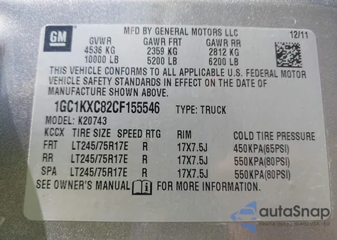 2012 Chevrolet Silverado 2500Hd Lt from USA, damaged, VIN 1GC1KXC82CF155546